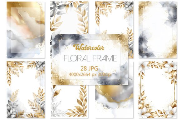Elegant Grey & Gold: Floral Watercolor Frame Backgrounds 2